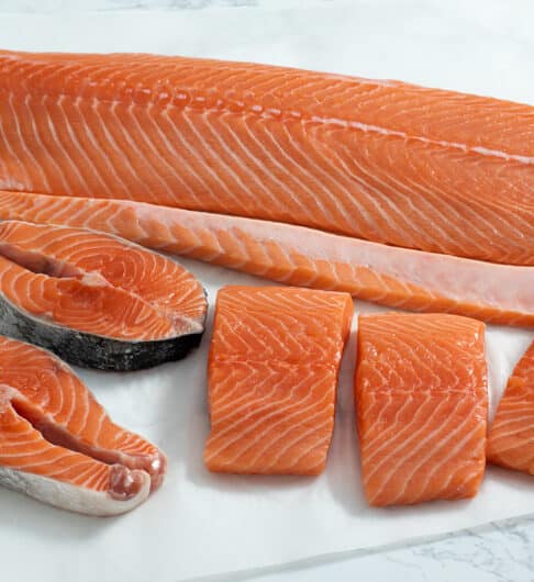 side of salmon, salmon filets, and salmon steaks on paper towel
