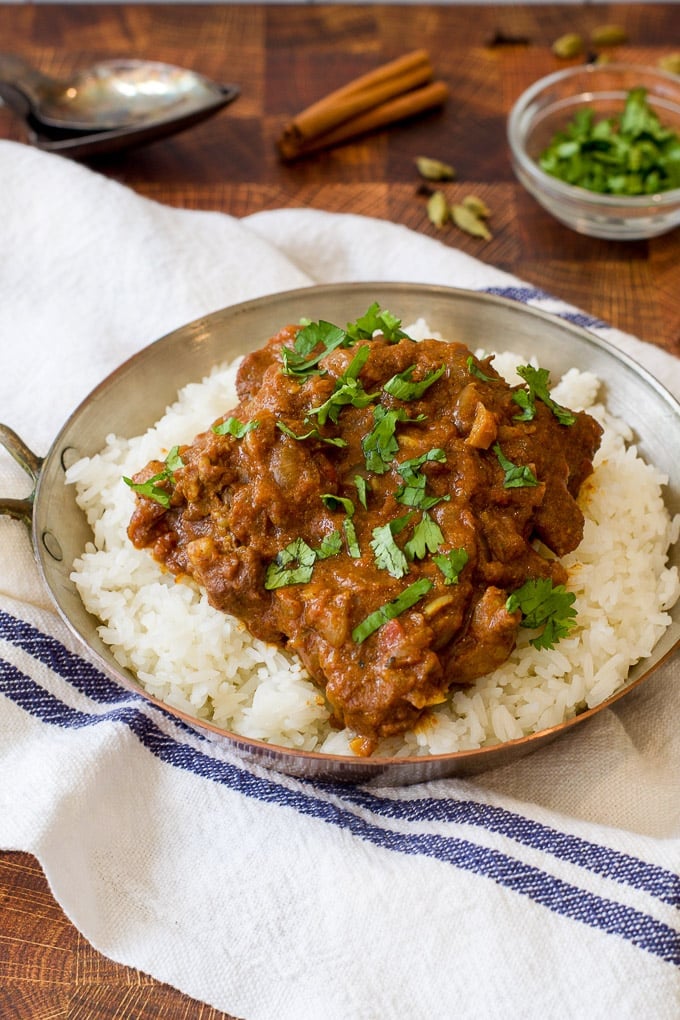 bowl with rice topped with indian lamb stew with an herb garnish; white and blue striped cloth under bowl; cinnamon stick and fresh green herb in background