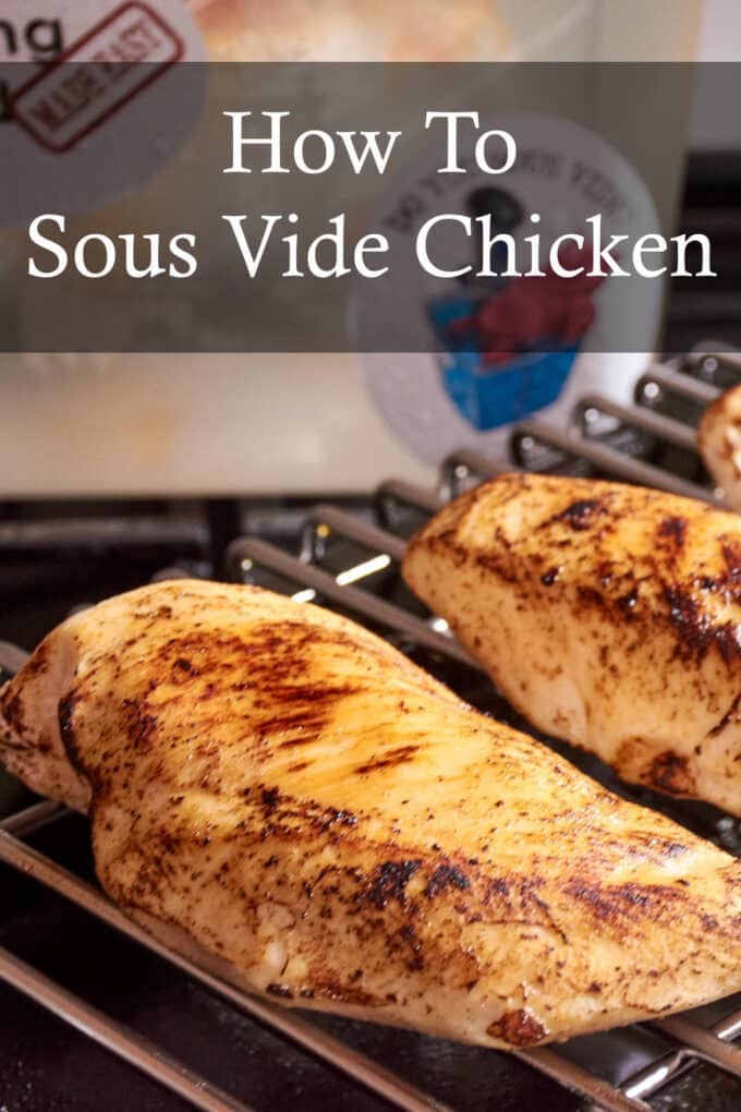 Chicken breasts on a rack in front of a sous vide machine, text reads How to Sous Vide Chicken.