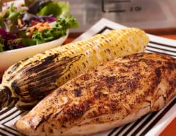Grilled chicken breast and corn on the cob on a white and black plate. Salad and sous vide machine in background.