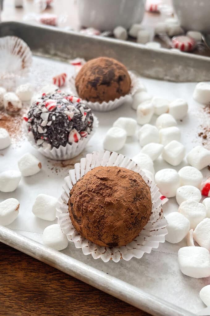 Hot Cocoa Truffle Bombs with various coatings on a tray with marshmallows.
