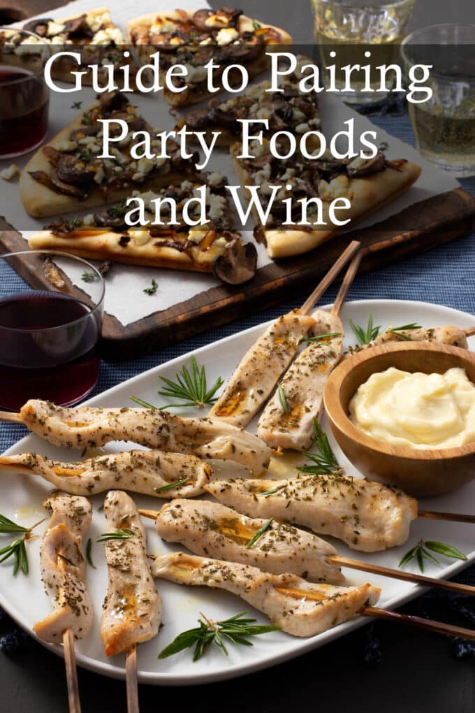 Plates of appetizers and glasses of wine, text reads Guide to Pairing Party Foods and Wine.