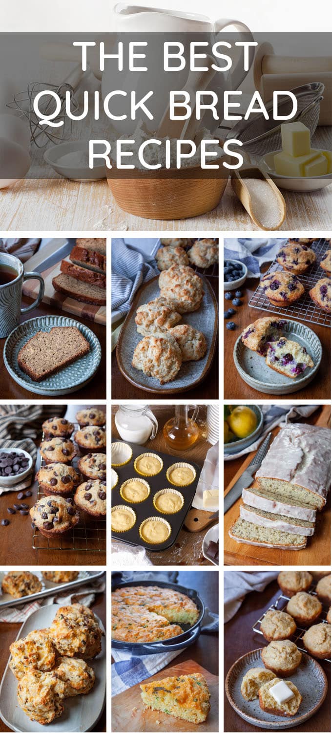 Collage of photos of muffins, biscuits, and bread, text reads The Best Quick Bread Recipes