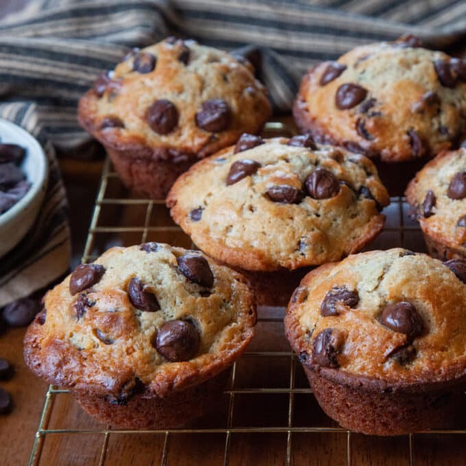 Chocolate Chip Muffins on a cooling rack.