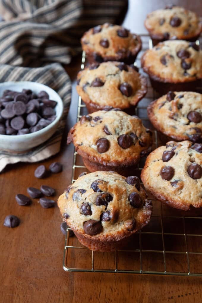 Chocolate chip muffins on a cooling rack with bowl of chocolate chips beside.