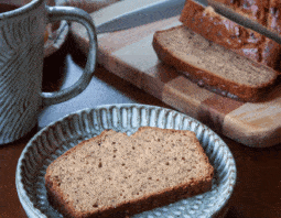 Slice of banana bread on blue plate.