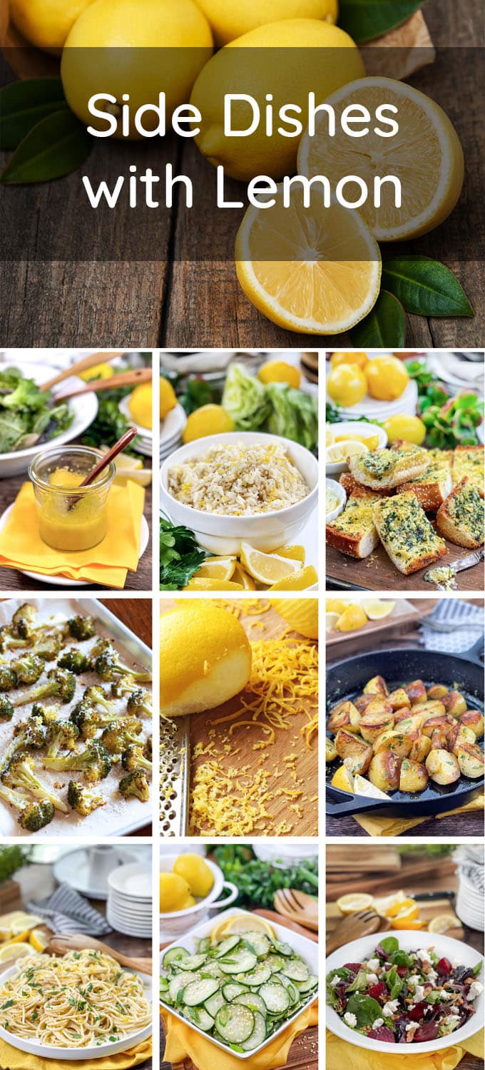 Collage of photos of various side dishes such as rice, salad, and potatoes, text reads Side Dishes with Lemon.