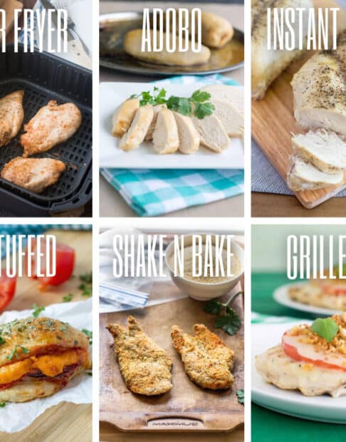 Collage of chicken breast dishes with titles.