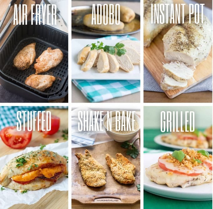Collage of chicken breast dishes with titles.