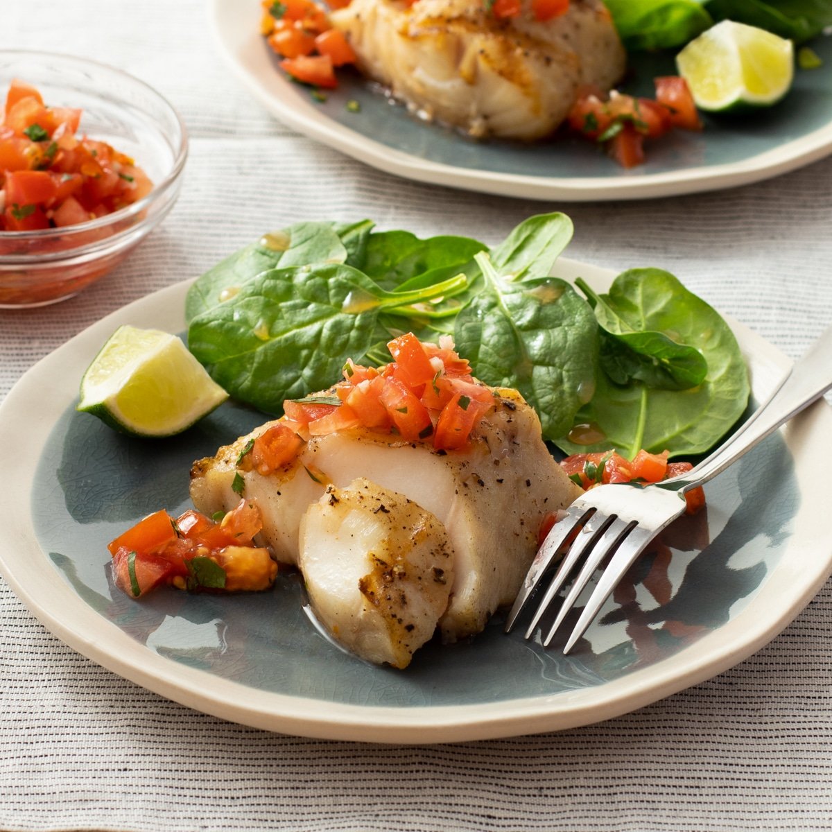 Grilled fish on plate with tomato salsa and salad greens.