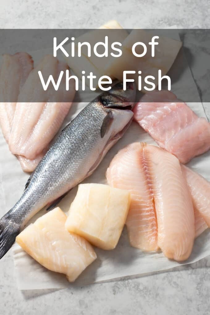 Various types of fish fillets and a whole raw fish, text reads Kinds of White Fish.
