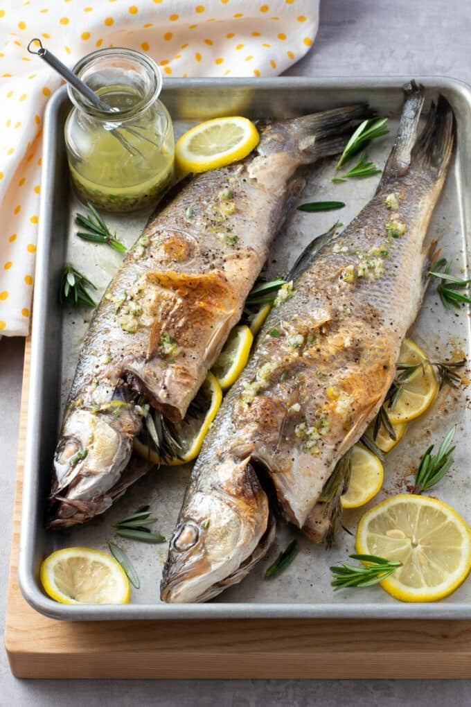 Two whole branzino on a sheet pan with sliced lemon and herbs.