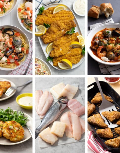 Collage of recipes featuring white fish.