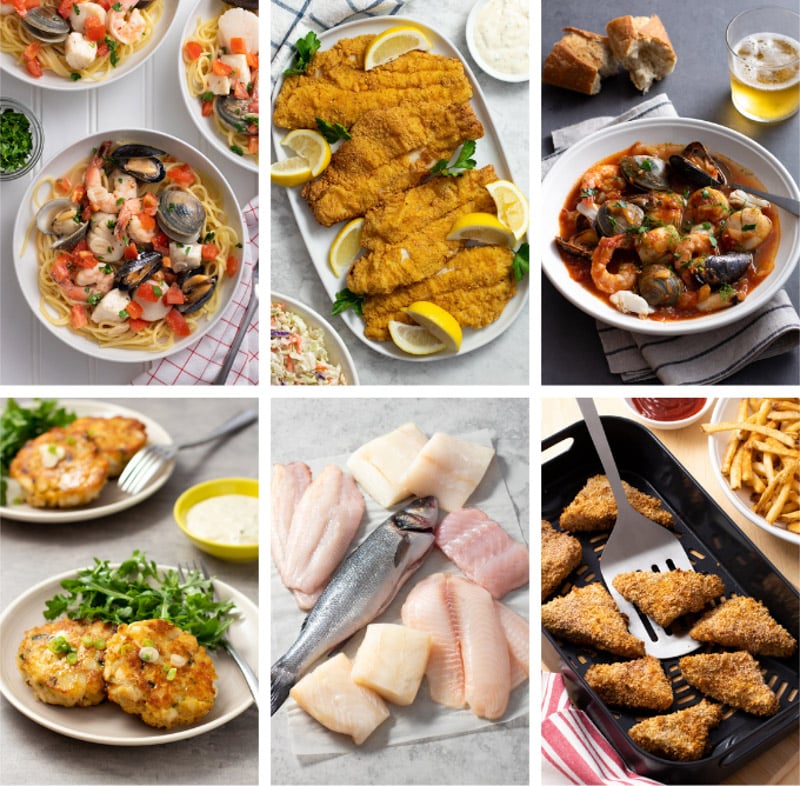 Collage of recipes featuring white fish.