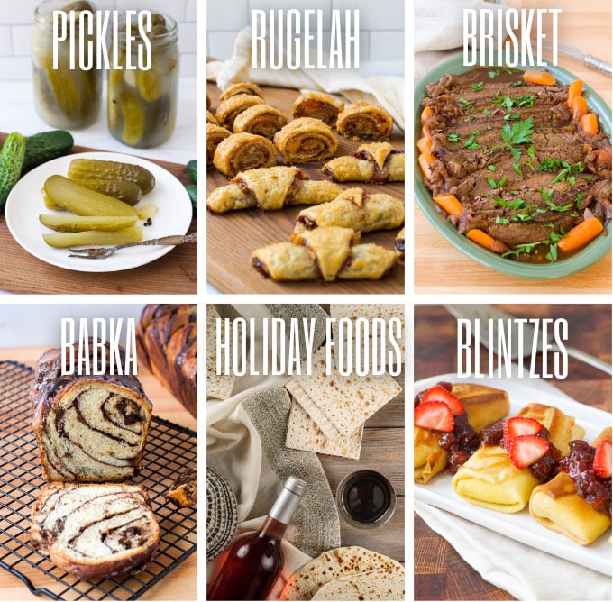 Collage of jewish food photos and recipe titles