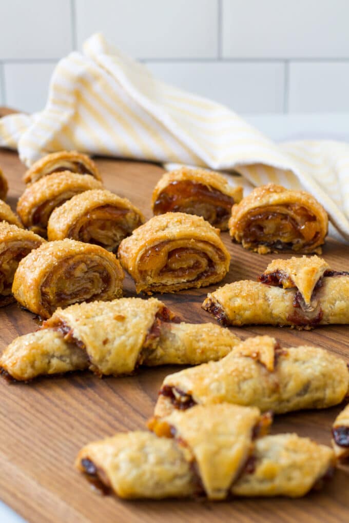 spiral rugelach cookies on a wooden board