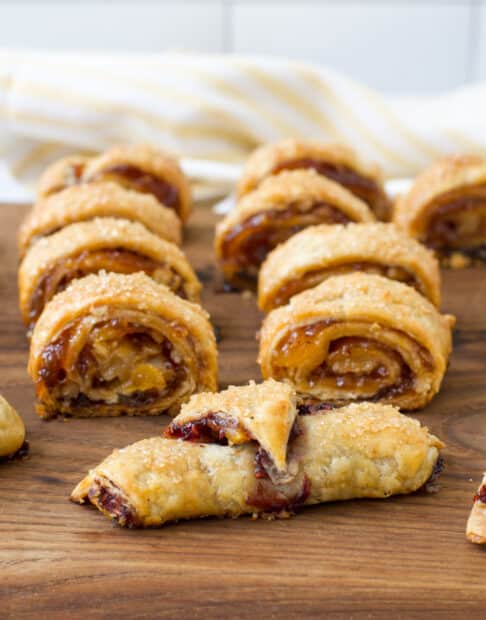 spiral rugelach cookies on a wooden board