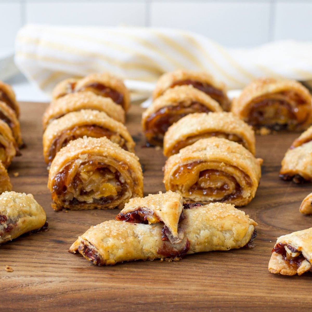 spiral rugelach cookies on a wooden board