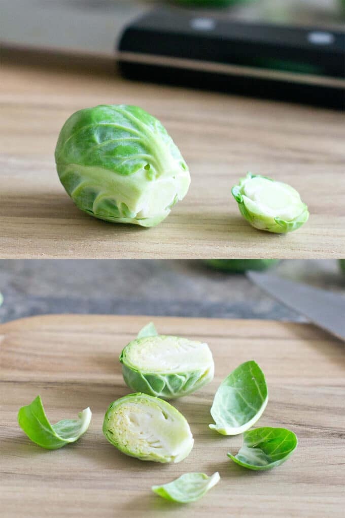 two images: ON the top, a Brussels sprout witht he stem end cut off and on the bottom, a halved Brussels sprout with loose leaves lying around it.