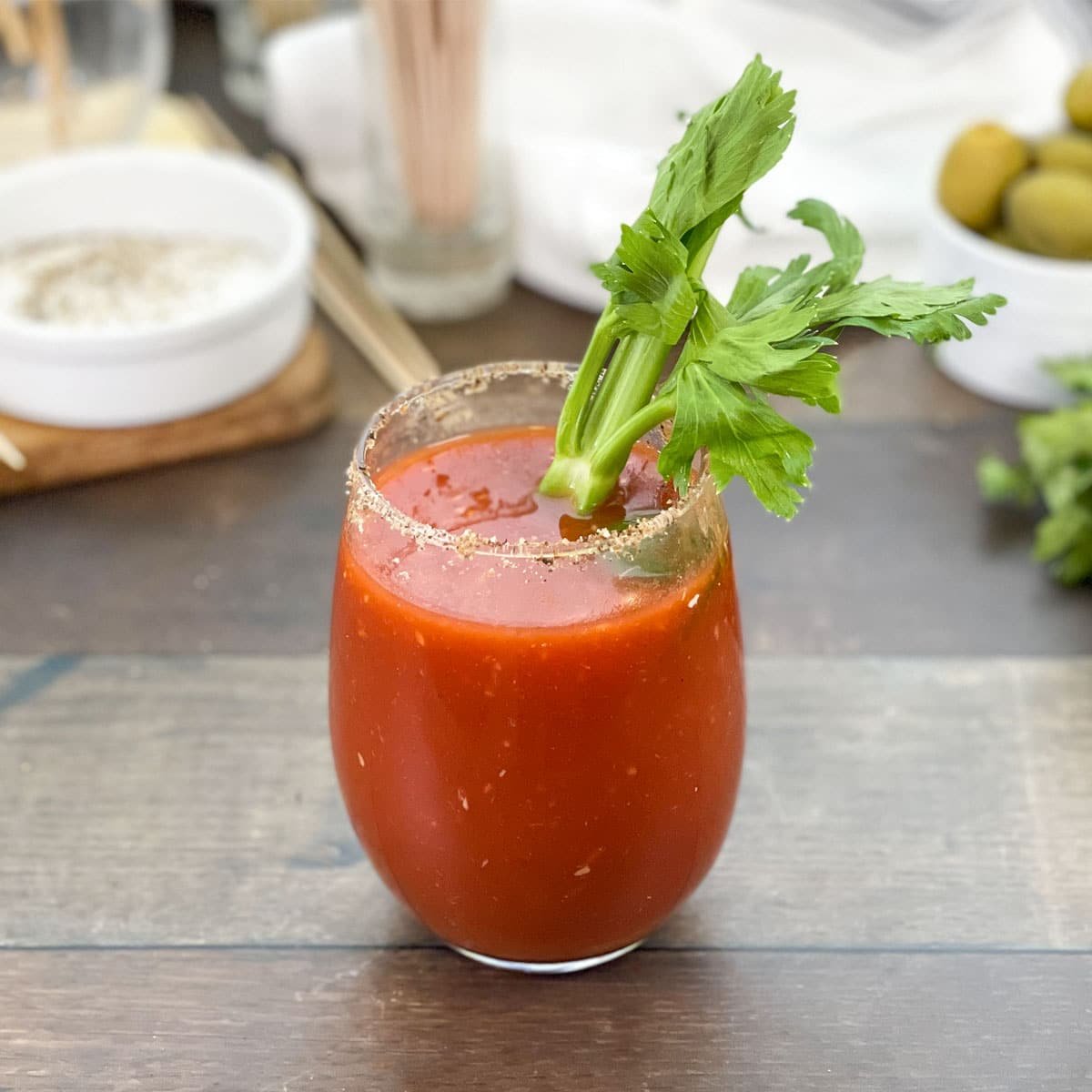 House made Bloody Mary cocktail mixture from vegetables in pitcher