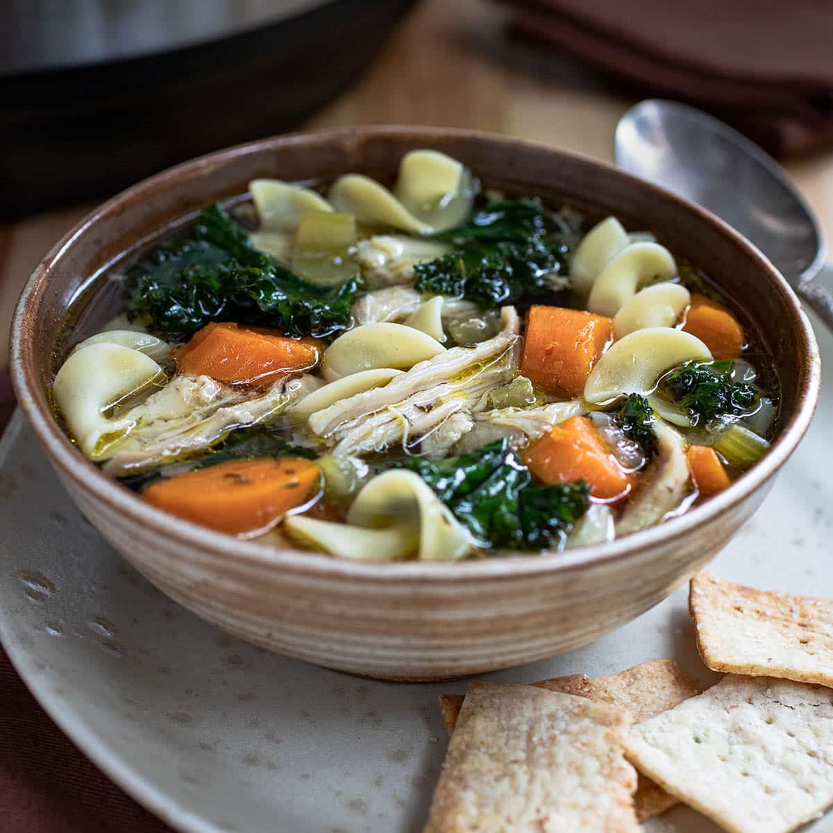 Bowl of chicken noodle soup with carrots and kale on a plate with crackers.