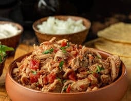 Pulled Chicken with salsa and spices in a terracotta bowl, tortillas and taco fixings around.