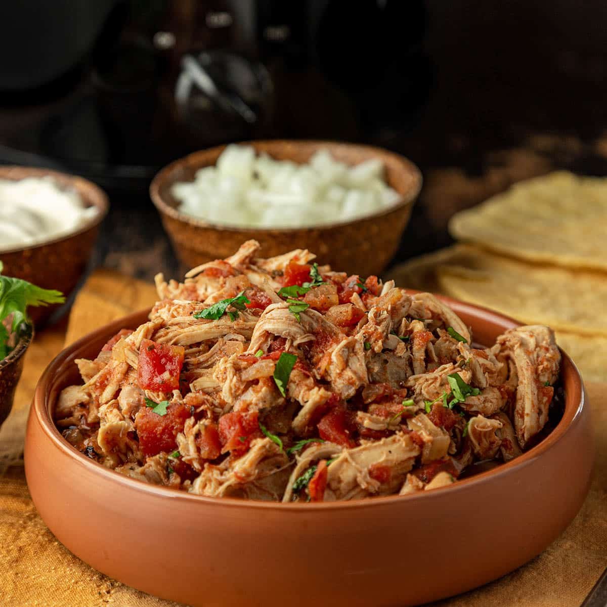 Pulled Chicken with salsa and spices in a terracotta bowl, tortillas and taco fixings around.