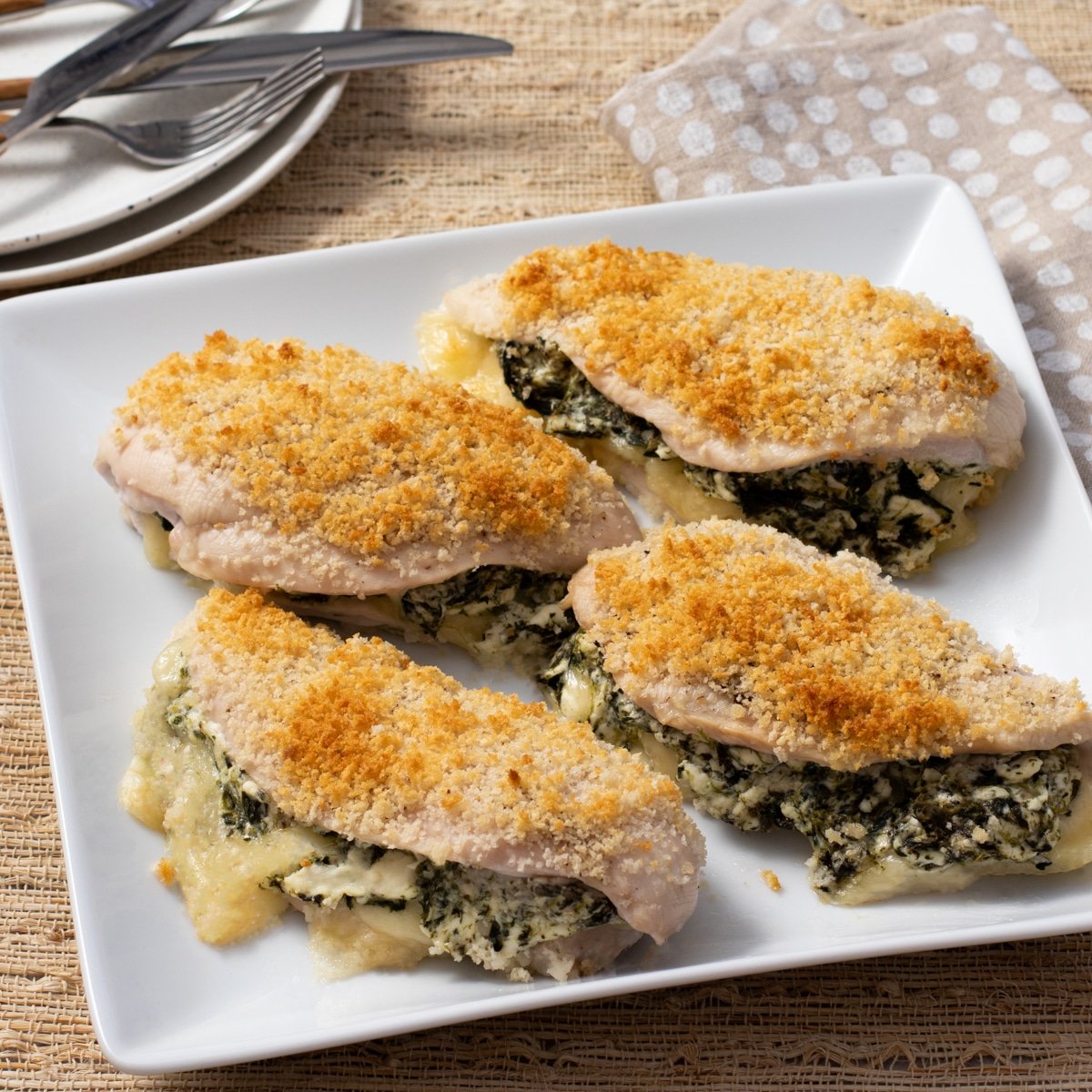 Four chicken breasts stuffed with spinach and cheese and topped with breadcrumbs.