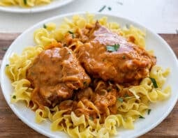Chicken paprikash over egg noodles on a white plate.