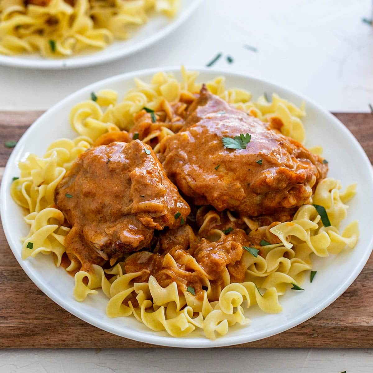 Chicken paprikash over egg noodles on a white plate.