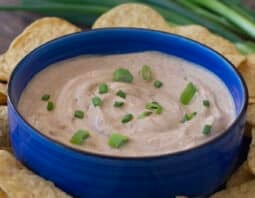 Blue bowl of cottage cheese queso surrounded by tortilla chips.