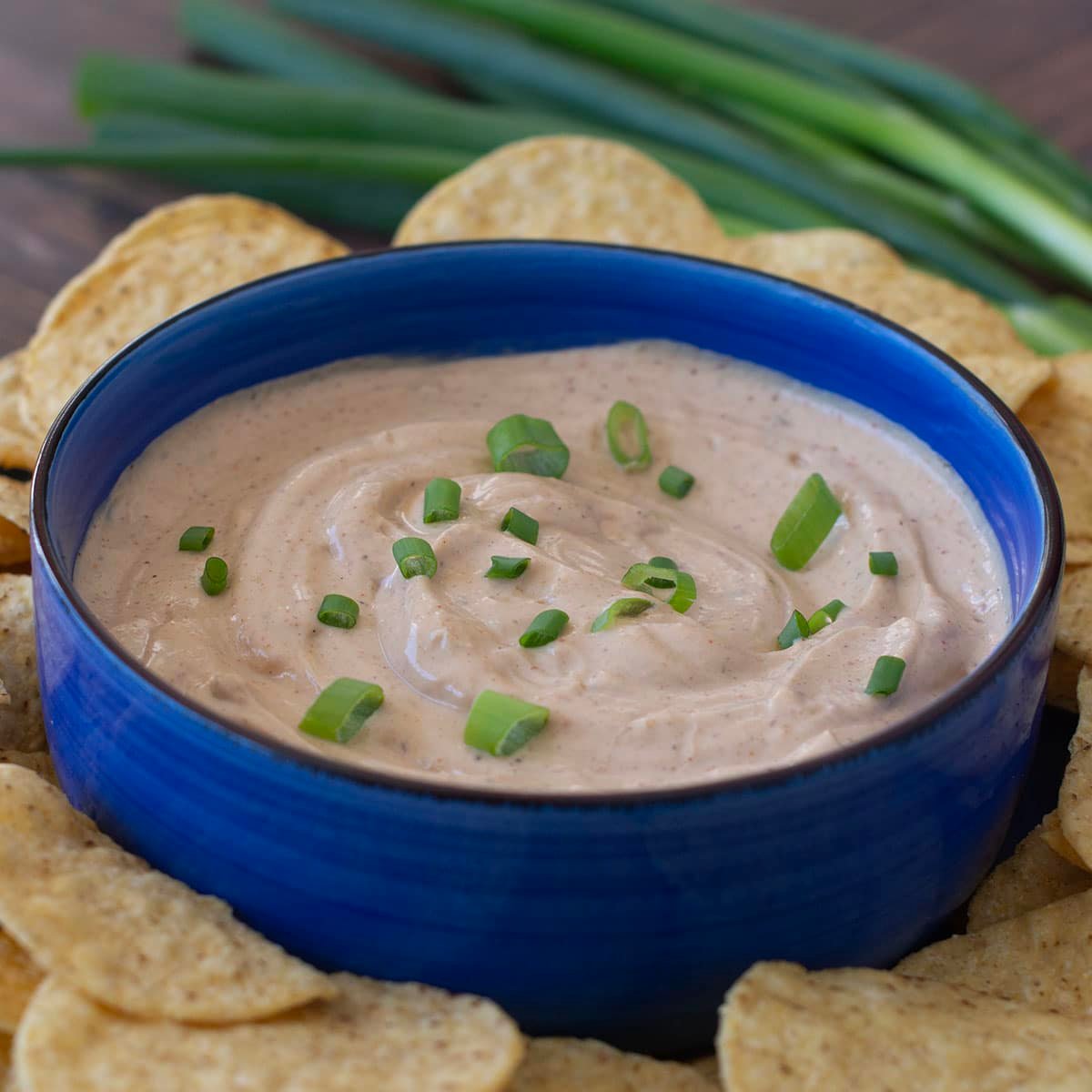 Blue bowl of cottage cheese queso surrounded by tortilla chips.