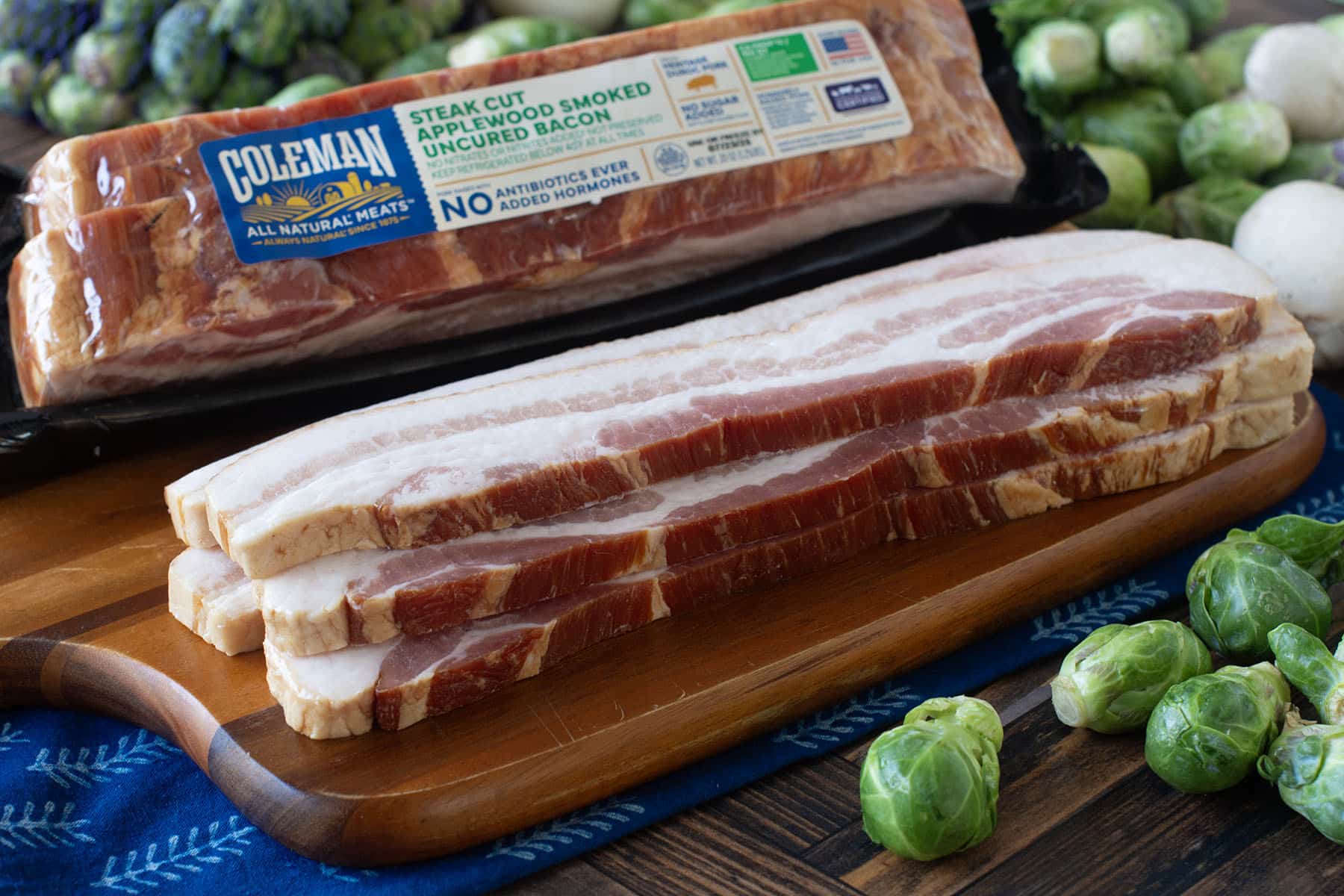 Raw Coleman steak cut applewood bacon.