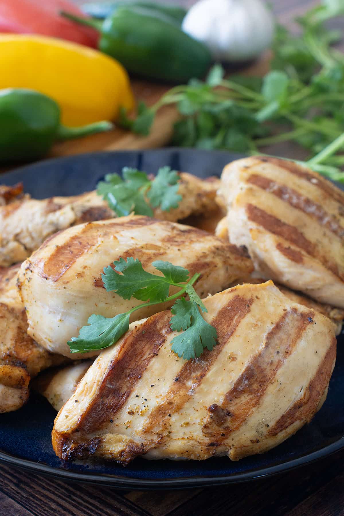Marinated and grilled chicken breasts on plate.