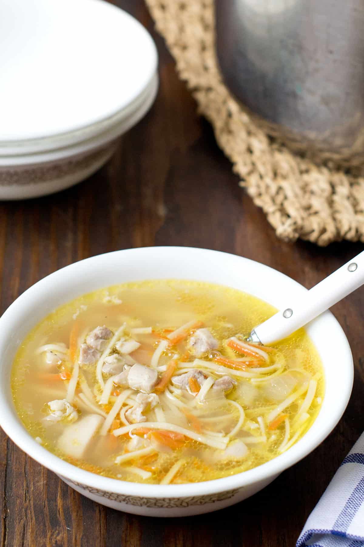 Bowl of quick homemade chicken noodle soup.