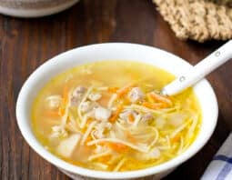 Bowl of quick homemade chicken noodle soup.