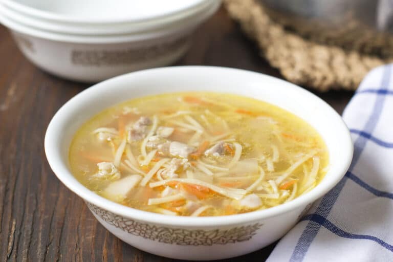 Bowl of quick homemade chicken noodle soup.