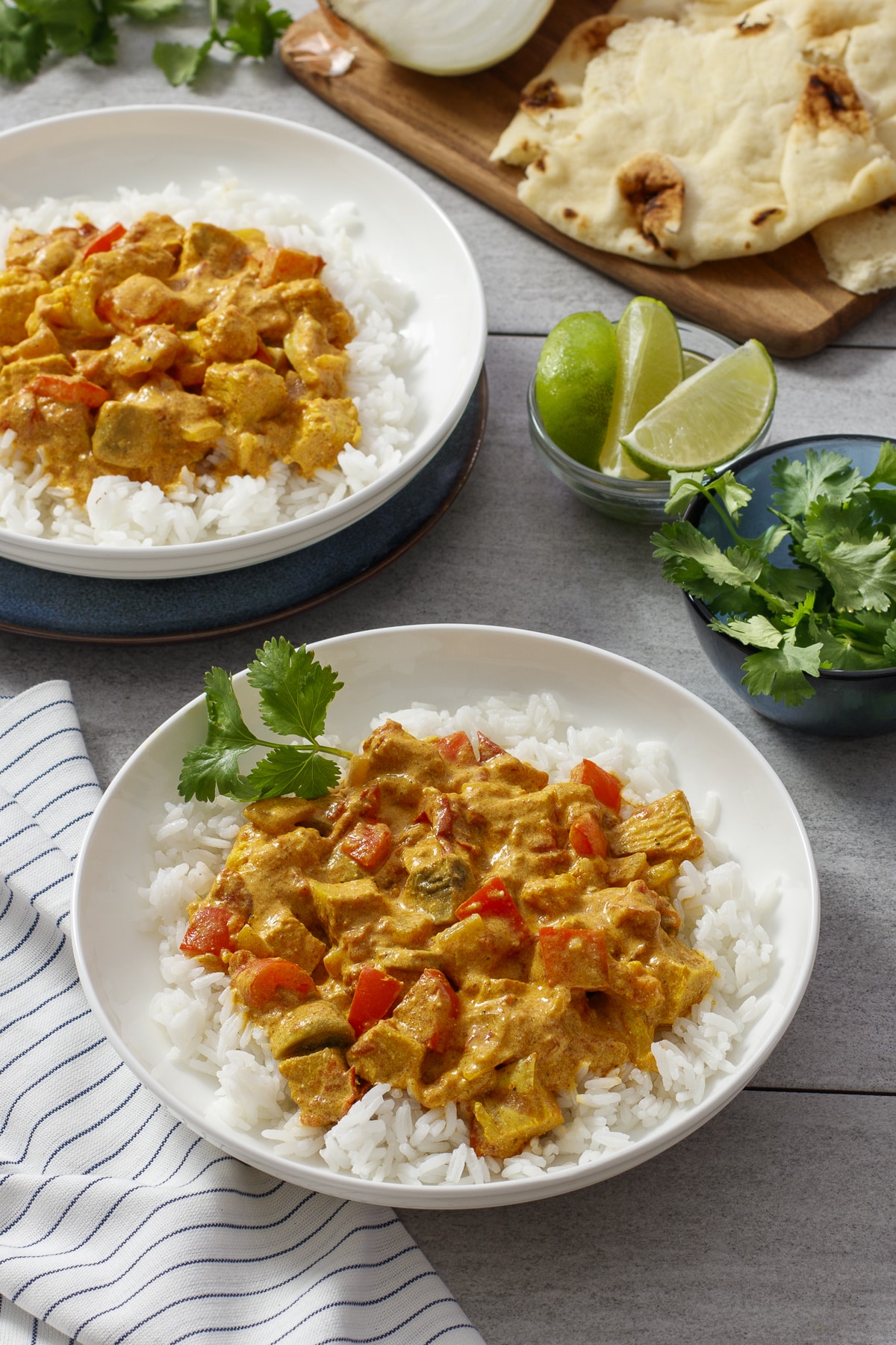 White dish with rice and chicken curry.